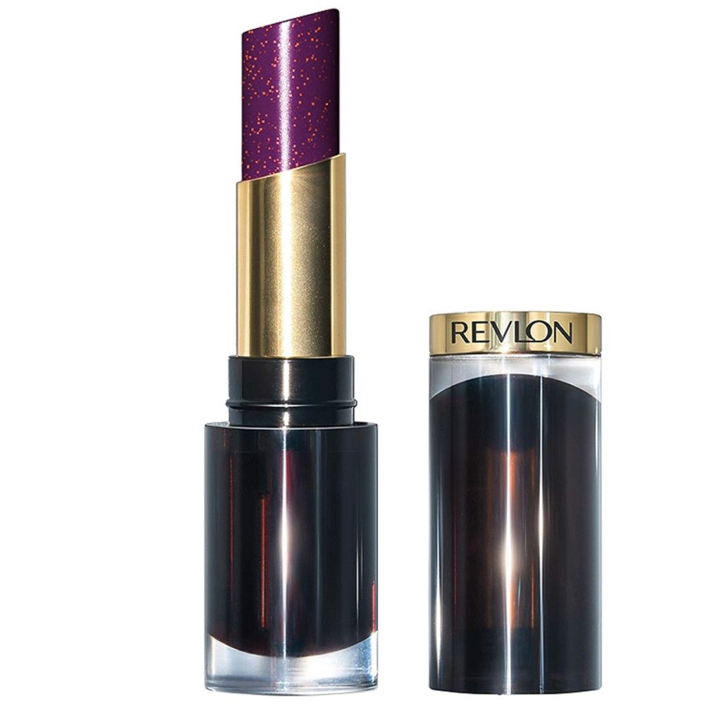 Revlon Super Lustrous Glass Shine Lippenstift, violett. Schwarze Hülse mit goldenem Ring und Deckel.