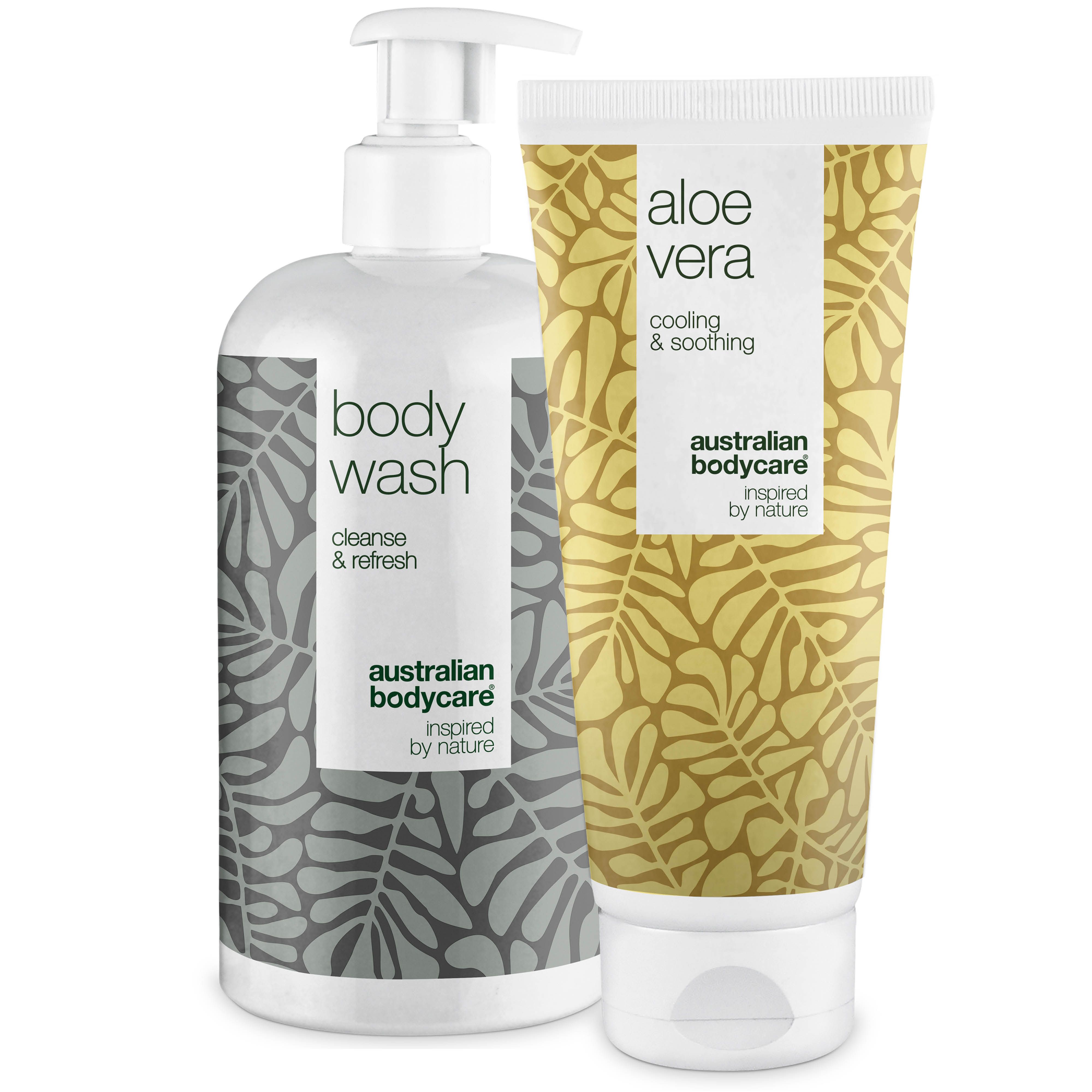 Zwei Produkte: Body Wash und Aloe Vera Gel. Body Wash Flasche mit Pumpe. Aloe Vera Tube mit gelbem Muster. Beide mit Logo.