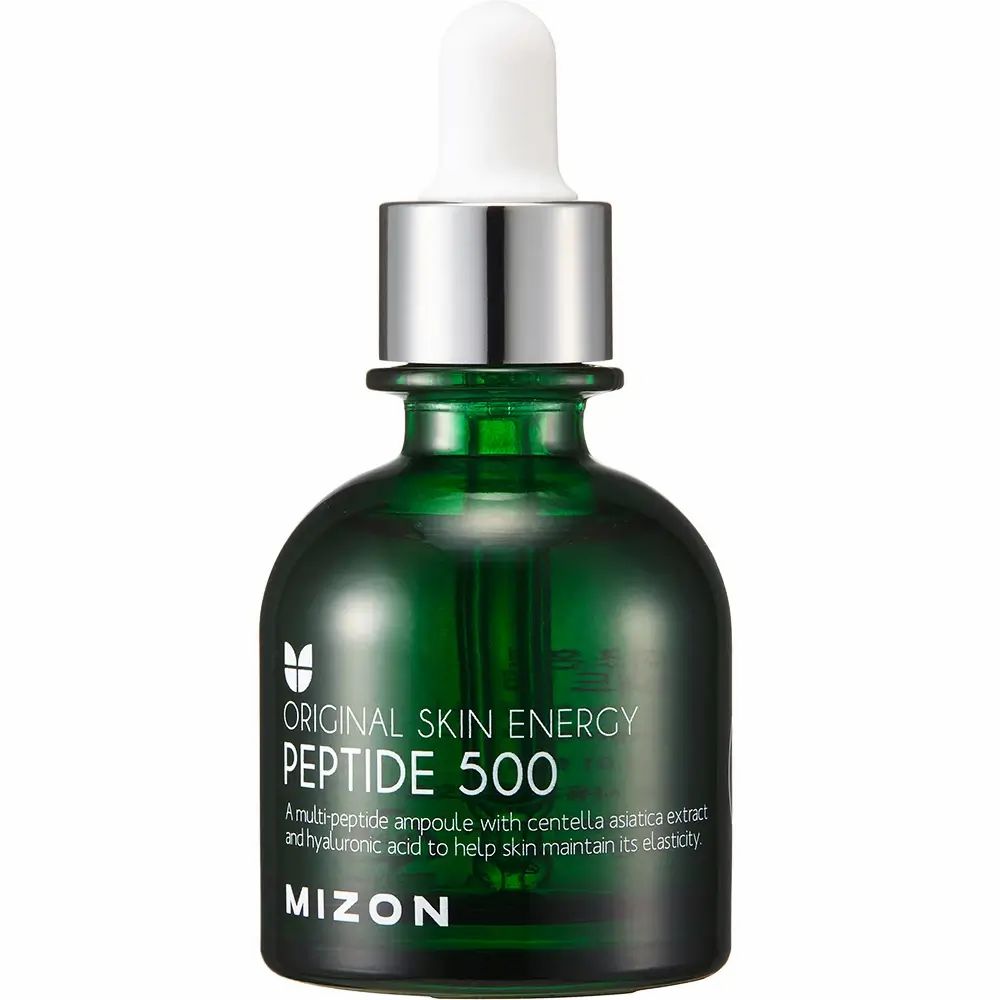 Grüne Glasflasche mit weißem Deckel und Pipette. Aufschrift: ORIGINAL SKIN ENERGY PEPTIDE 500, MIZON.