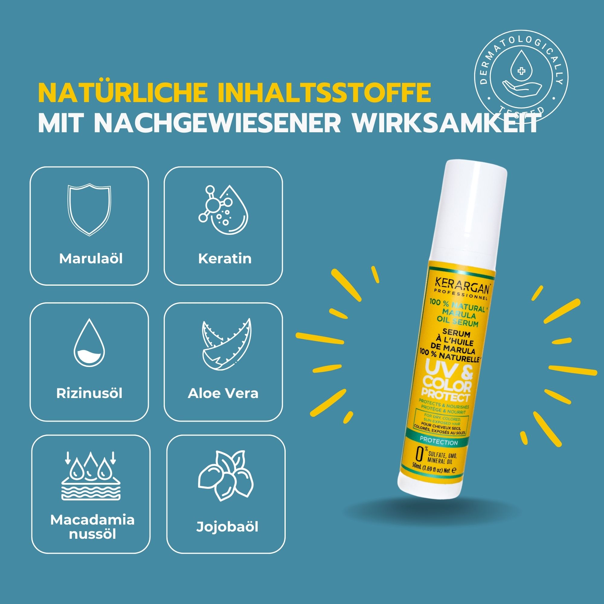 Kerargan Serum mit Marula-Öl. Inhaltsstoffe: Marulaöl, Keratin, Rizinusöl, Aloe Vera, Macadamia, Jojobaöl. Text: Natürliche Inhaltsstoffe.