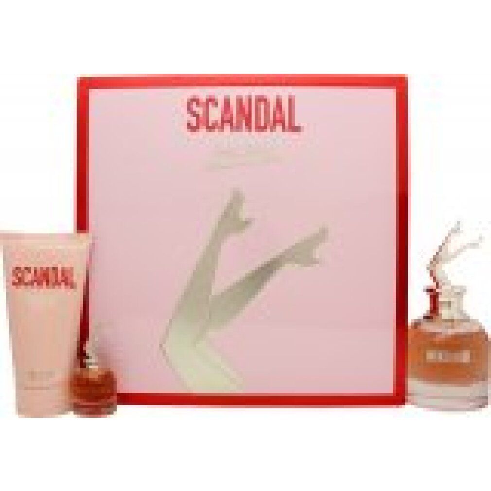 Geschenkset mit rosa Verpackung. Enthält Flakon, Tube und Miniatur. Aufschrift "SCANDAL".