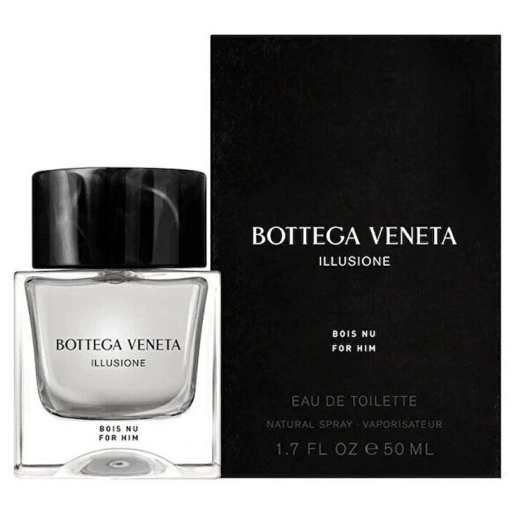 Parfümflakon und Schachtel. Flakon quadratisch, transparent. Aufschrift: BOTTEGA VENETA ILLUSIONE BOIS NU FOR HIM.