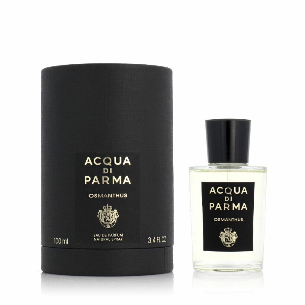 Glasflakon und schwarze zylindrische Verpackung. Aufschrift Acqua di Parma Osmanthus auf schwarzem Etikett und Verpackung.