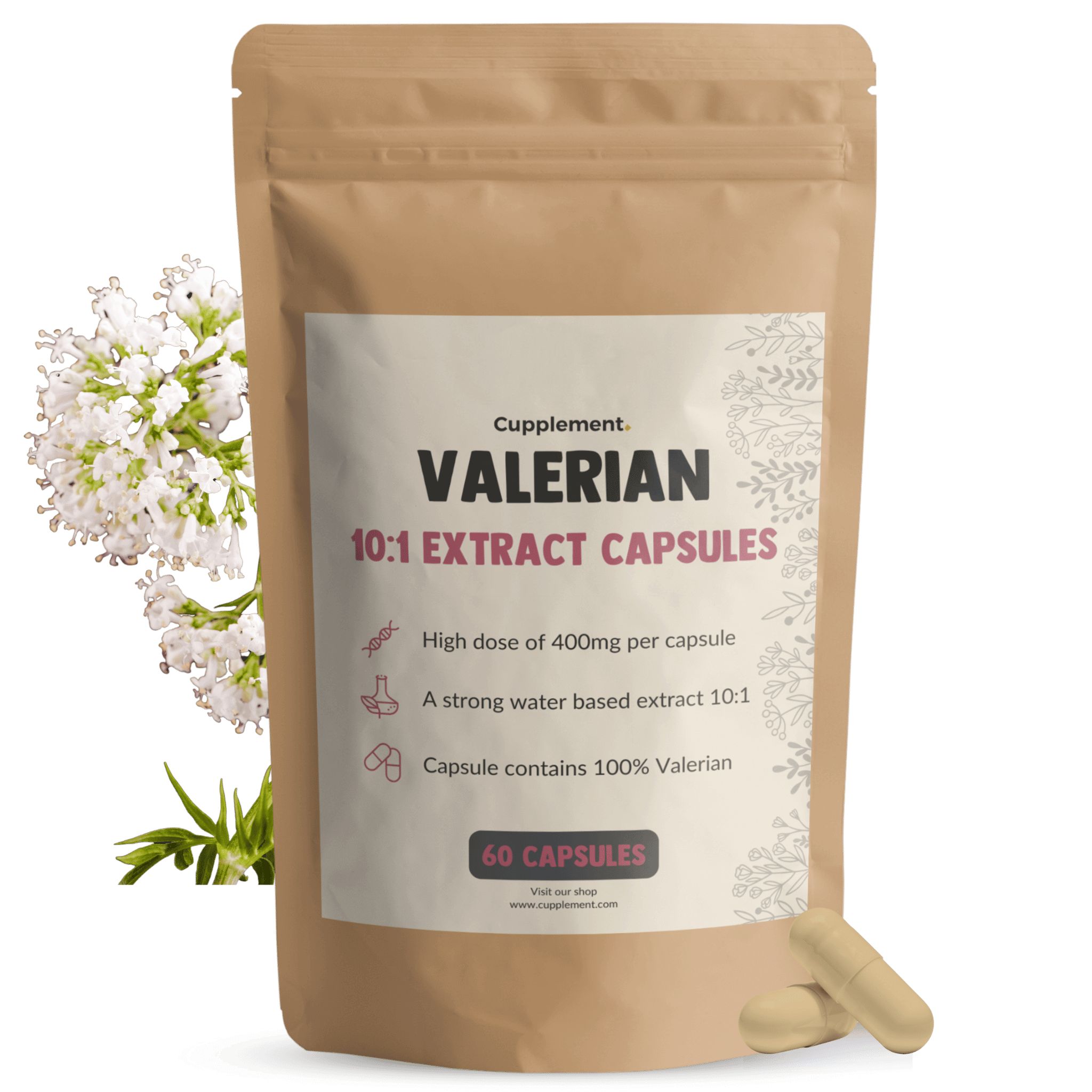 Beutel mit „Valerian 10:1 Extract Capsules“. 60 Kapseln. Braune Kapseln liegen daneben.