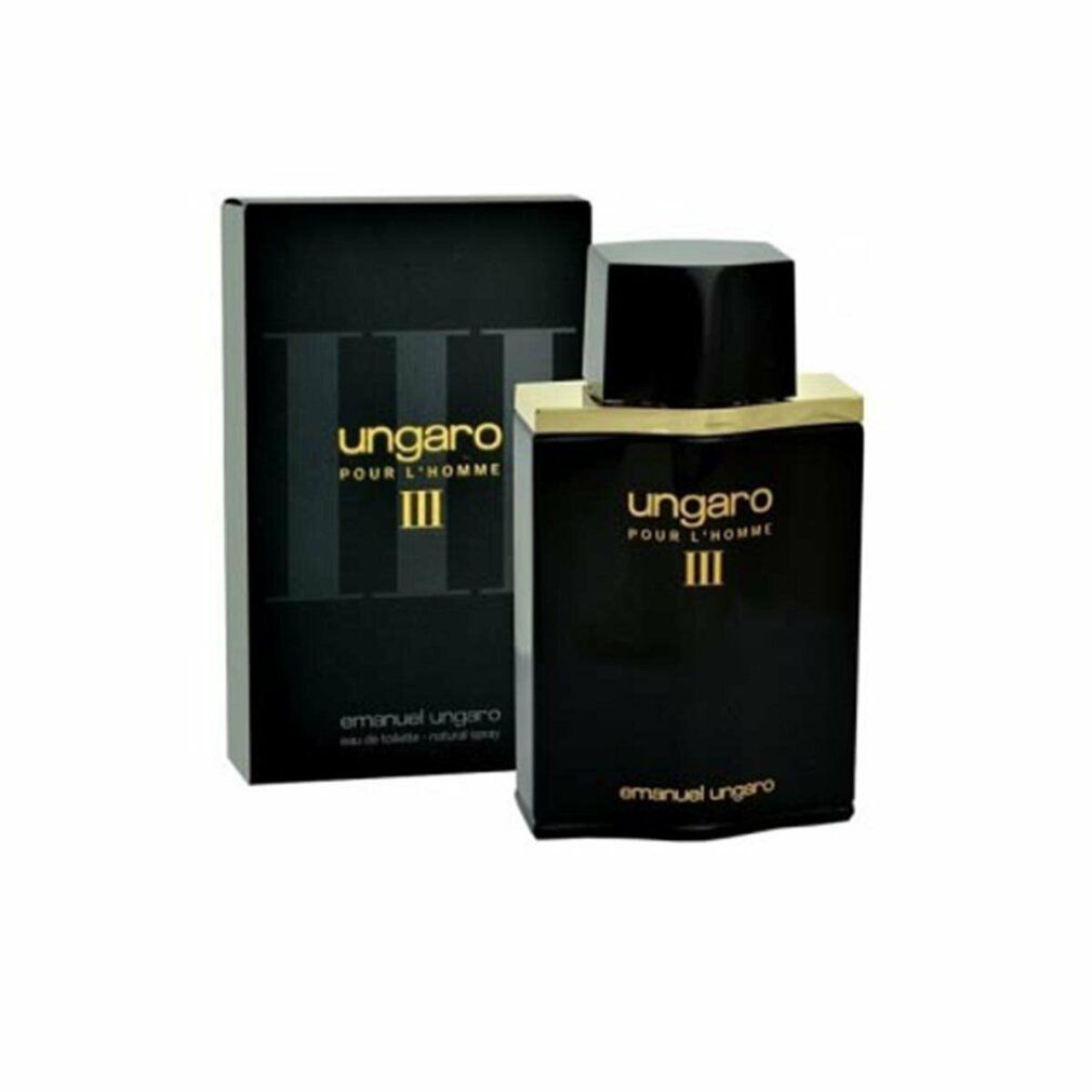 Schwarze Flasche und Karton. Auf der Flasche steht "ungaro POUR L'HOMME III". Auf dem Karton steht "emanuel ungaro eau de toilette".