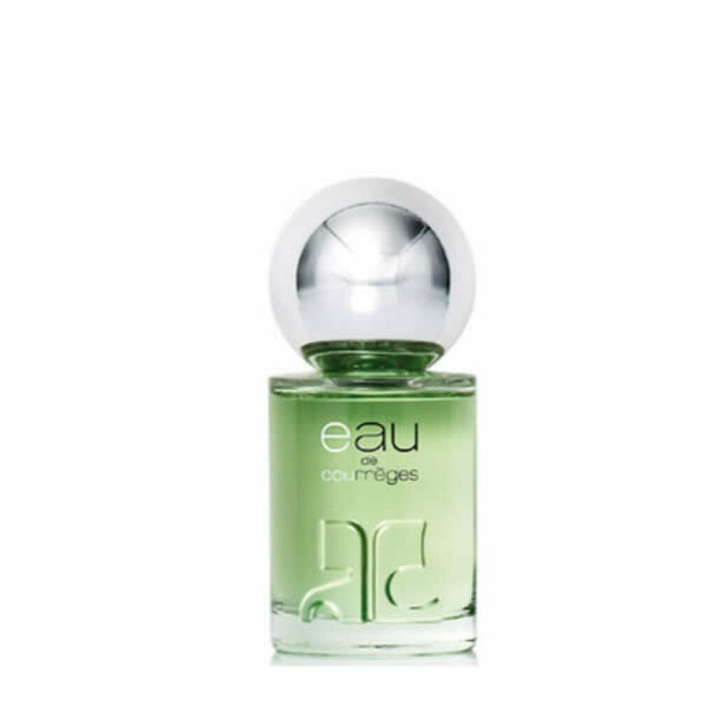 Grünes Glasflakon mit silberner Kappe. Aufschrift "eau courrèges".