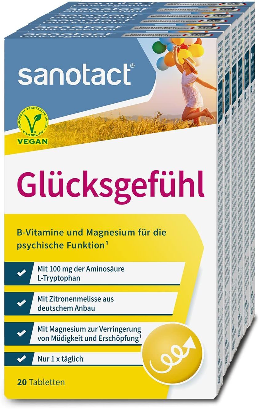 Mehrere Packungen sanotact Glücksgefühl. Aufdruck: B-Vitamine und Magnesium für die psychische Funktion. 20 Tabletten.