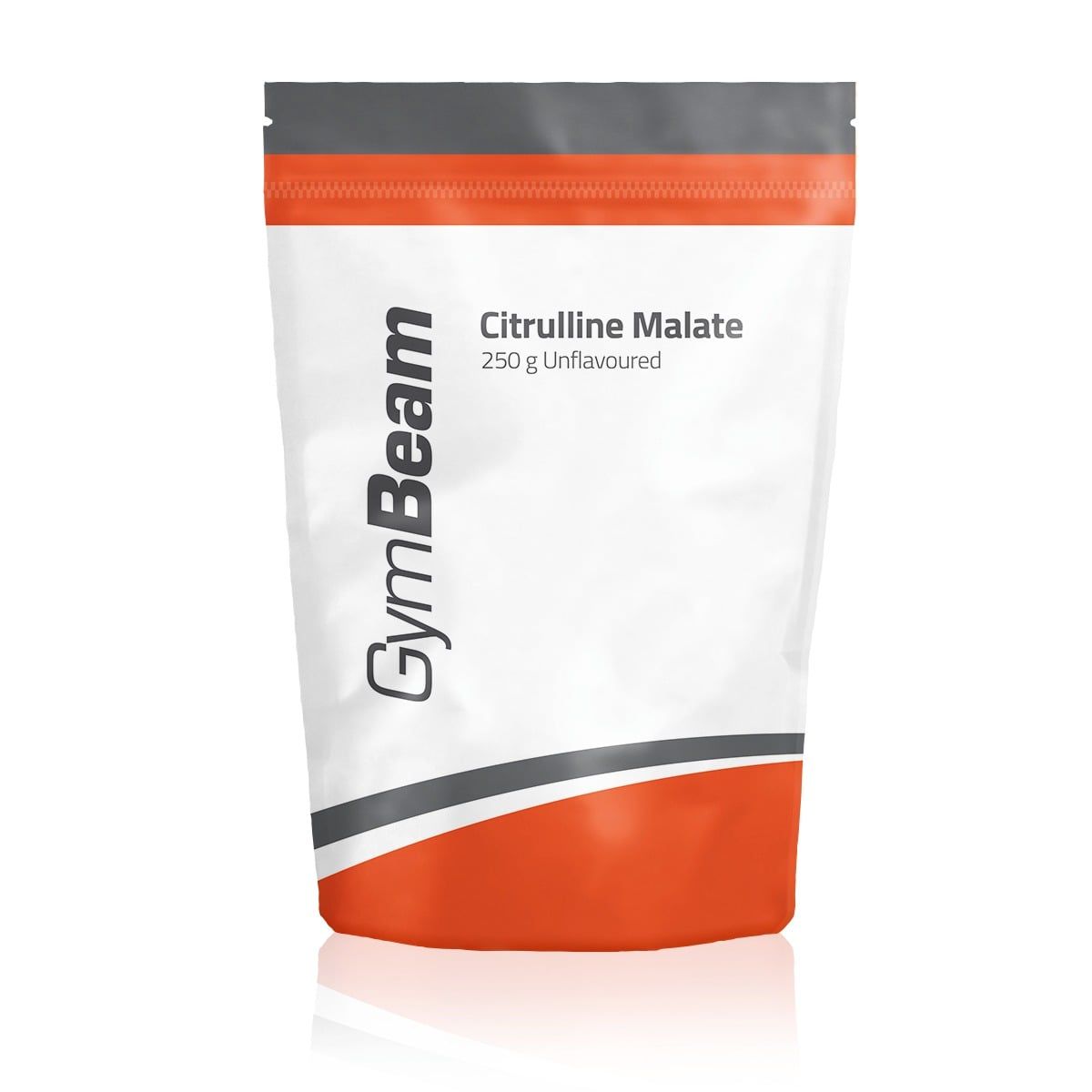 GymBeam Citrullin Malat 2:1 Pulver, 250g, Unflavoured. Weiße Verpackung mit orange-grauen Akzenten.
