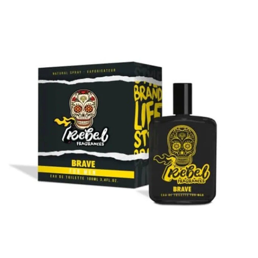 Schwarze Flasche und Schachtel mit Totenkopf-Design. "Rebel Fragrances Brave" Text. Eau de Toilette.