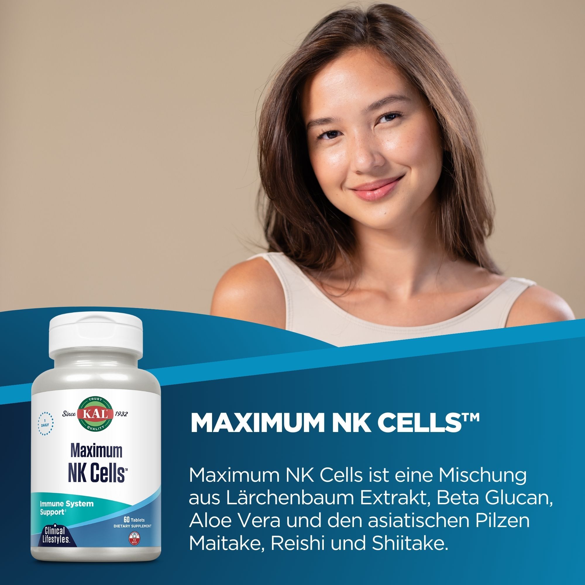 Weiße Flasche mit "Maximum NK Cells"-Etikett. Frau lächelt. Text: "Immune System Support". Marke: KAL.