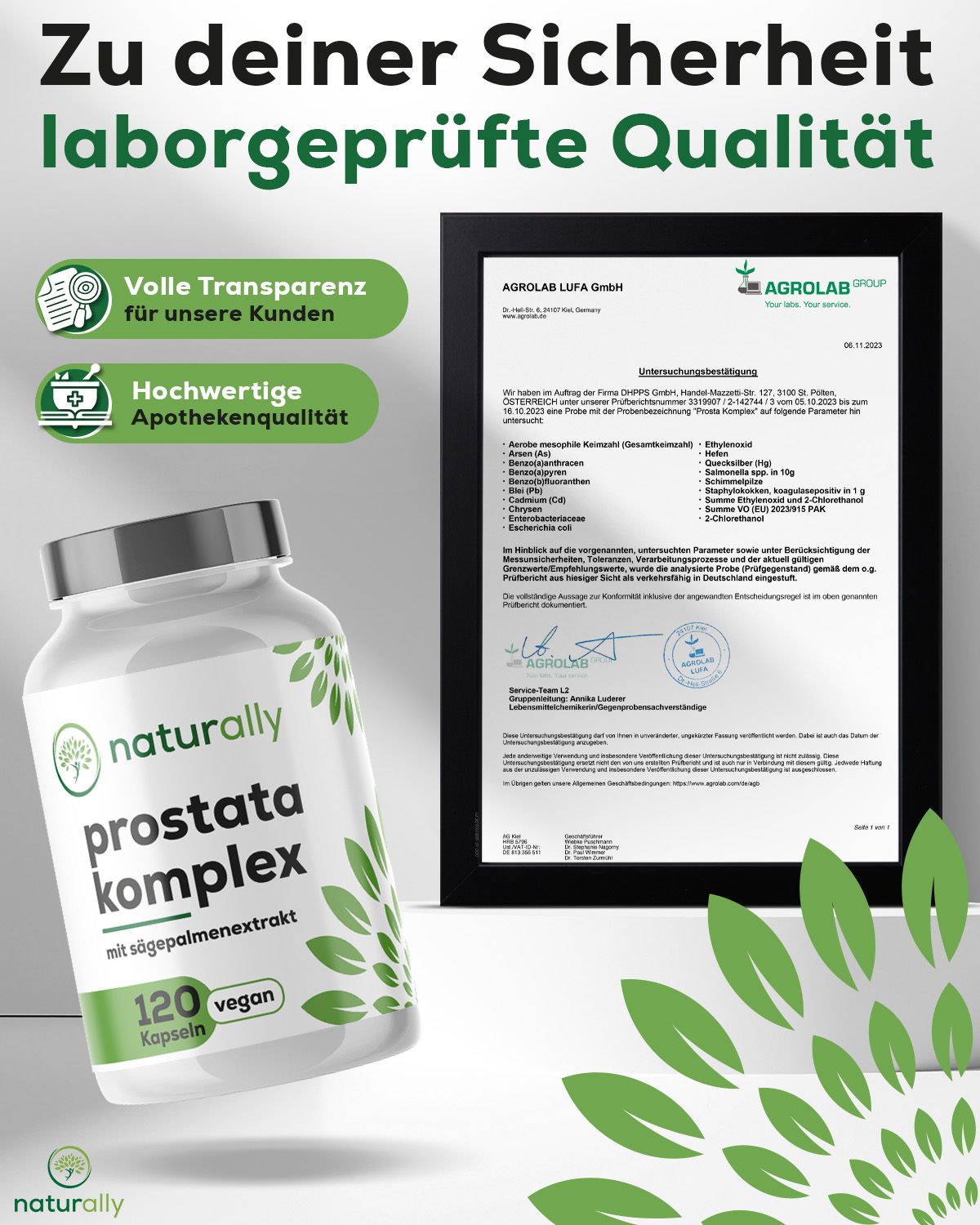 Weiße Flasche mit grünem Etikett. Aufschrift: naturally Prostata Komplex, 120 Kapseln, vegan. Mit Zertifikat.