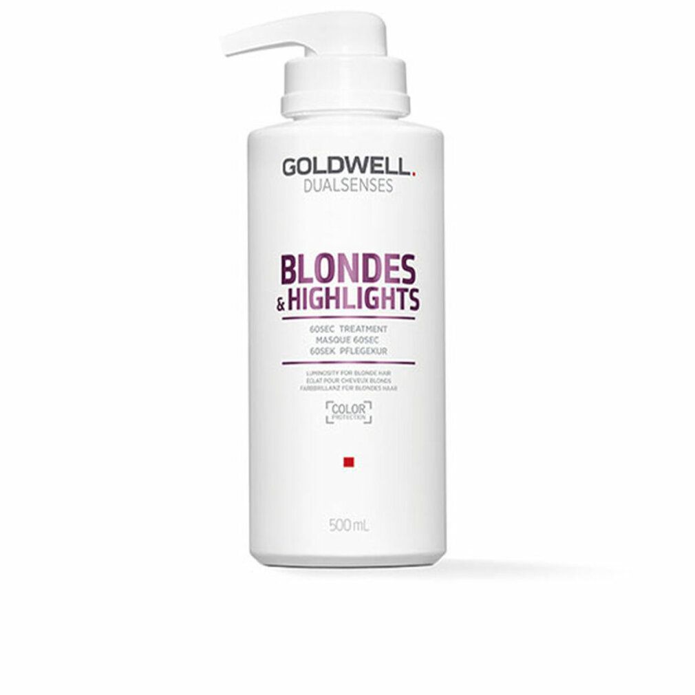 Weiße Flasche mit Pumpe. Aufschrift: GOLDWELL, BLONDES & HIGHLIGHTS, 60 Sekunden Treatment. Volumen: 500ml.