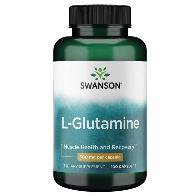 Grüne Flasche mit weißem Etikett. Aufschrift: SWANSON L-Glutamin, 500 mg pro Kapsel. 100 Kapseln. Muskelgesundheit und Erholung.