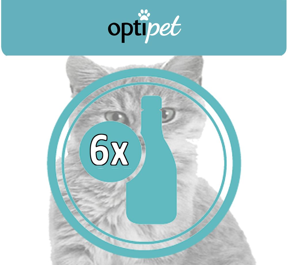 OptiPet-Logo. Katze im Hintergrund. Kreis mit 6x und Flaschen-Symbol.