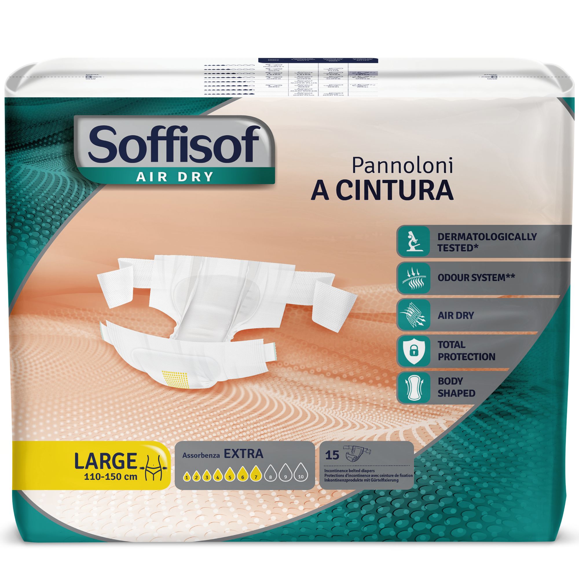Verpackung von Soffisof Inkontinenzschutz mit Hüftbund Extra. Größe Large, 110-150 cm. 15 Stück. Mit Hüftbund.