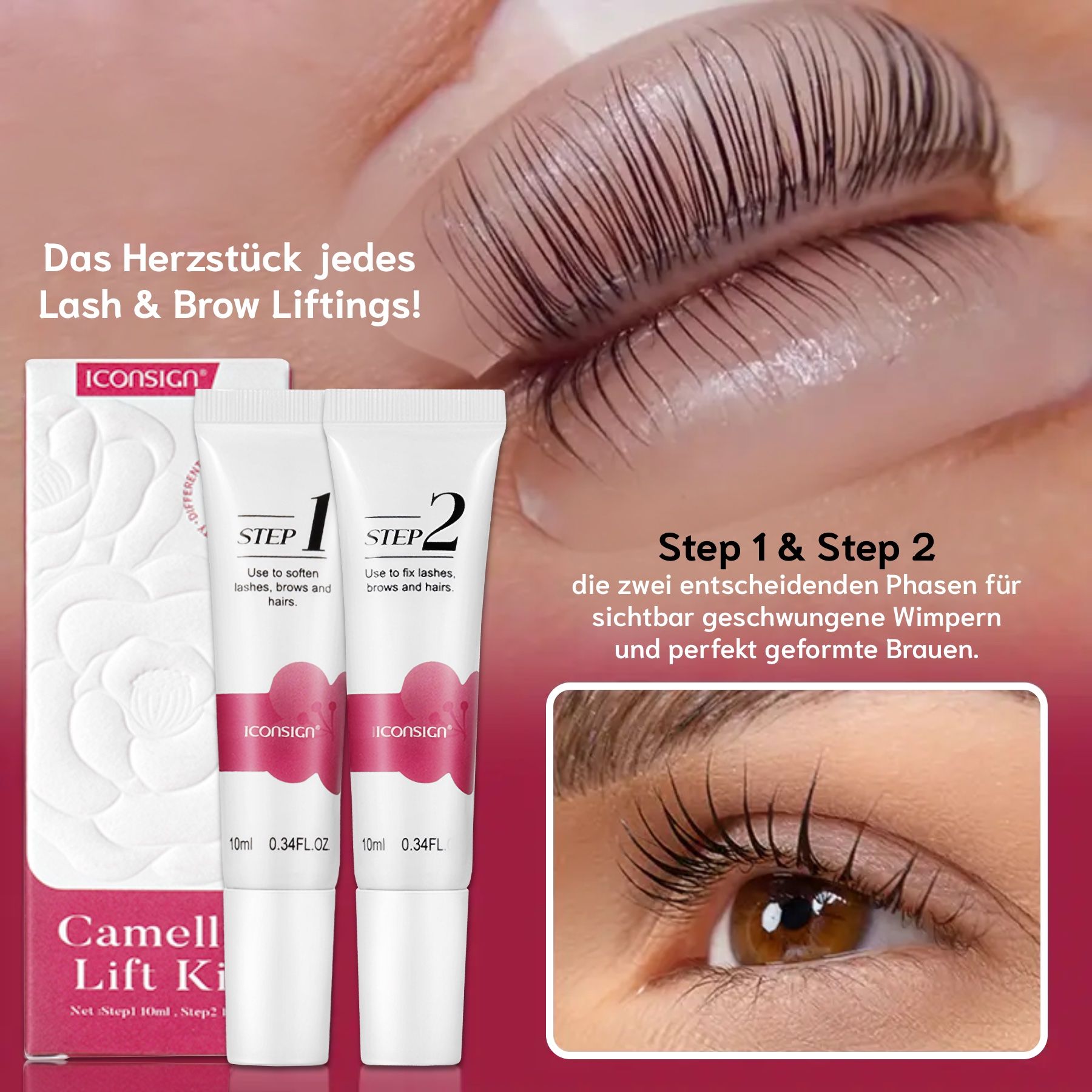 Zwei Tuben mit "STEP 1" und "STEP 2" neben einer Verpackung mit "ICONSIGN" und "Camellia Lift Kit".