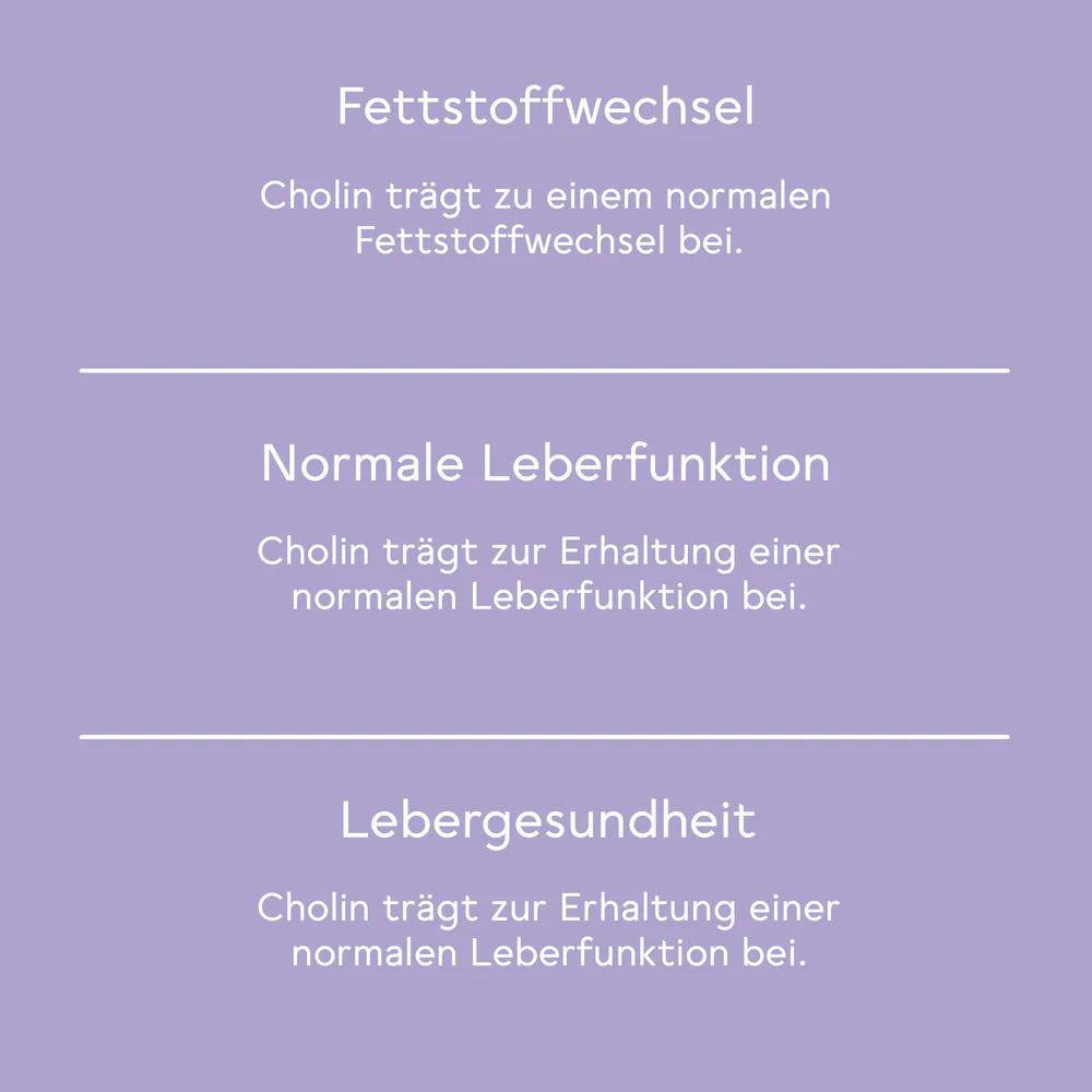 Text auf lila Hintergrund. Überschriften: Fettstoffwechsel, Normale Leberfunktion, Lebergesundheit. Text: Cholin trägt zur Erhaltung bei.