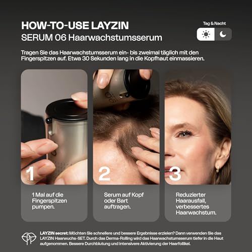 Anwendung des Serums. Schritte: 1. Pumpe, 2. Auftragen, 3. Reduzierter Haarausfall. Text: HOW-TO-USE.