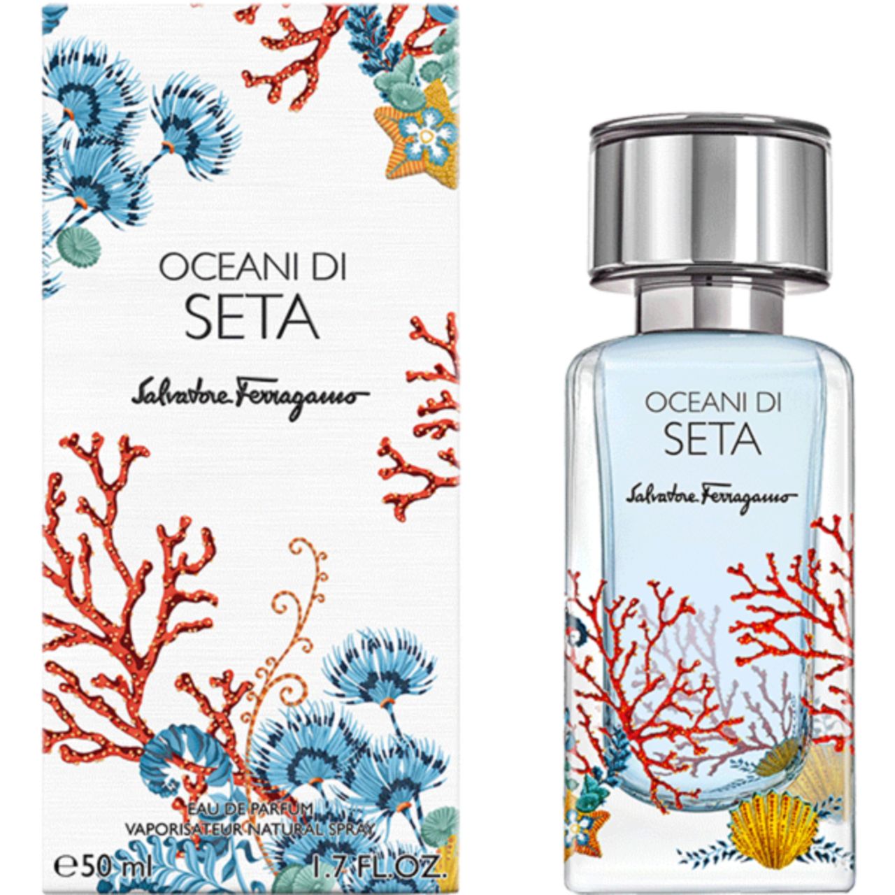 Salvatore Ferragamo Oceani di Seta Flakon und Verpackung. Hellblauer Duft, silberner Deckel. Korallen- und Blumen-Dekor.