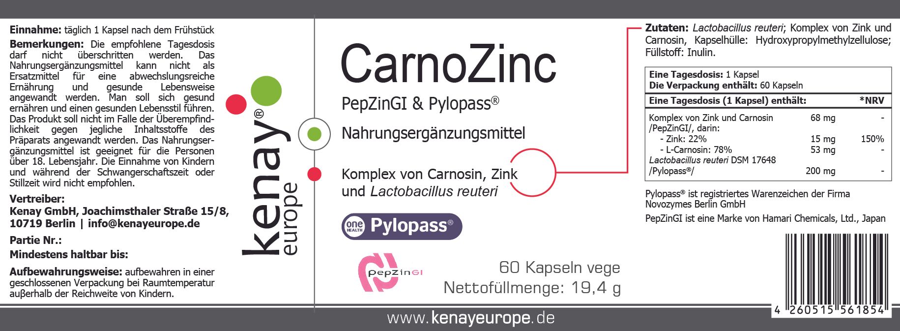 Etikett mit Produktinformationen. Enthält CarnoZinc PepZinGI & Pylopass, Nahrungsergänzungsmittel. Enthält 60 Kapseln. Marke: Kenay Europe.