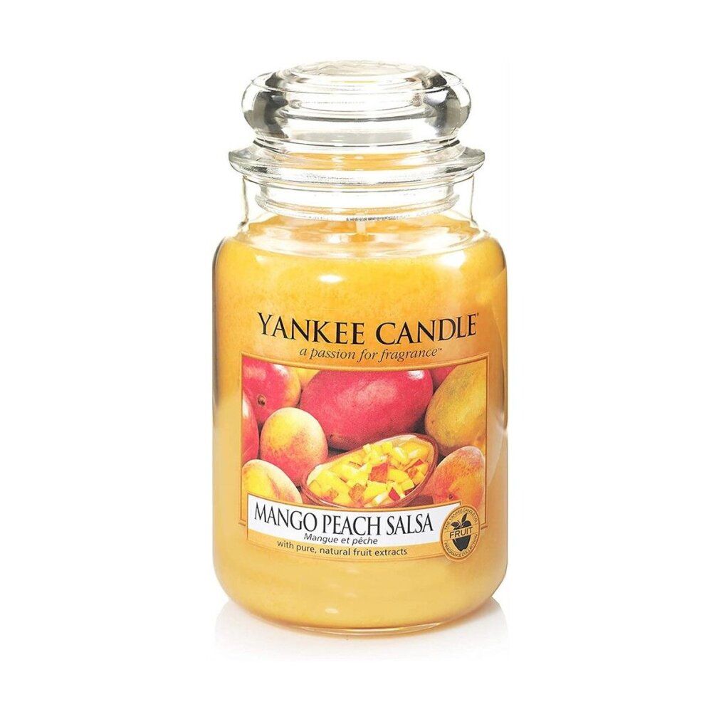 Yankee Candle Duftkerze Mango Peach Salsa. Großes Glas mit Deckel. Etikett mit Früchten. Gelbes Wachs.