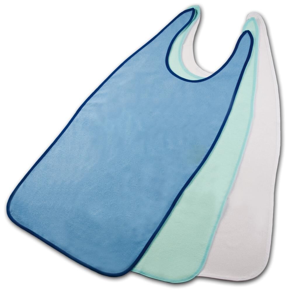 Drei Frottee-Schürzen in Blau, Mintgrün und Weiß. Blaue Ränder. U-förmiger Ausschnitt.