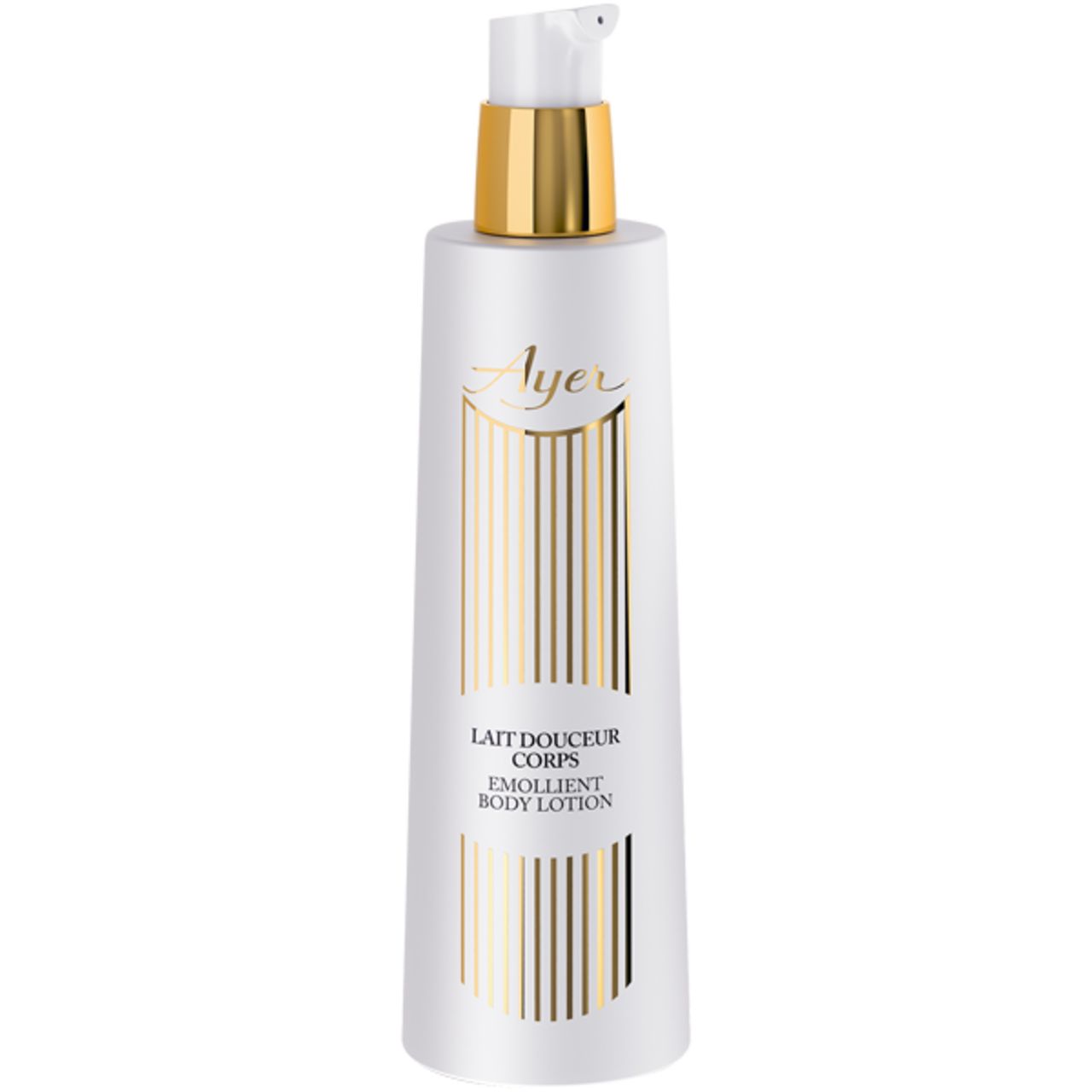 Weiße Flasche mit goldfarbenem Deckel und Aufschrift. Produktbezeichnung: Emollient Body Lotion. Marke: Ayer.