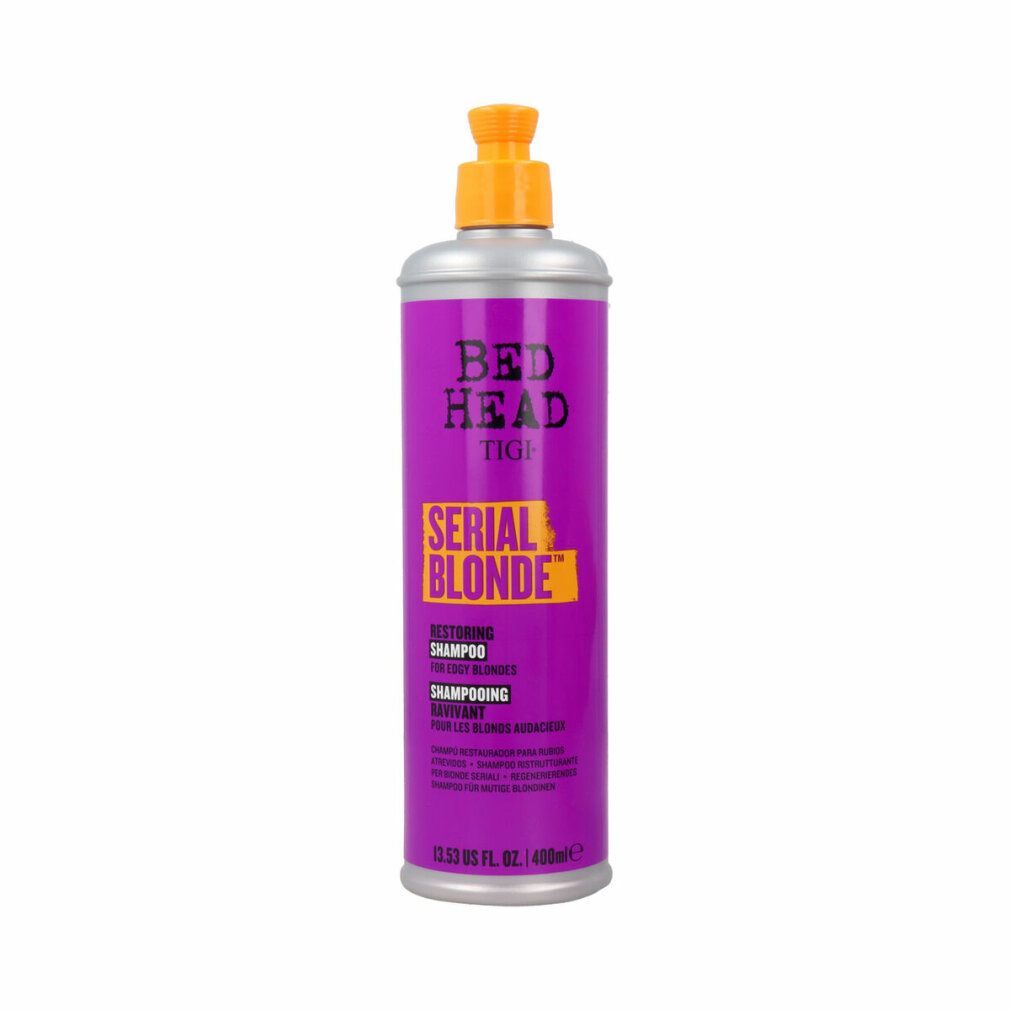 Violette Shampoooflasche mit gelbem Deckel. Aufschrift: Bed Head Tigi Serial Blonde. Restoring Shampoo.