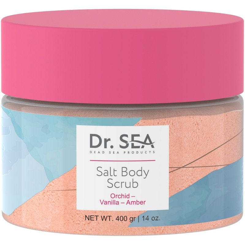 Behälter mit rosa Deckel. Aufschrift: Dr. SEA, Salt Body Scrub, Orchidee & Vanille. Netto-Gewicht: 400 g.