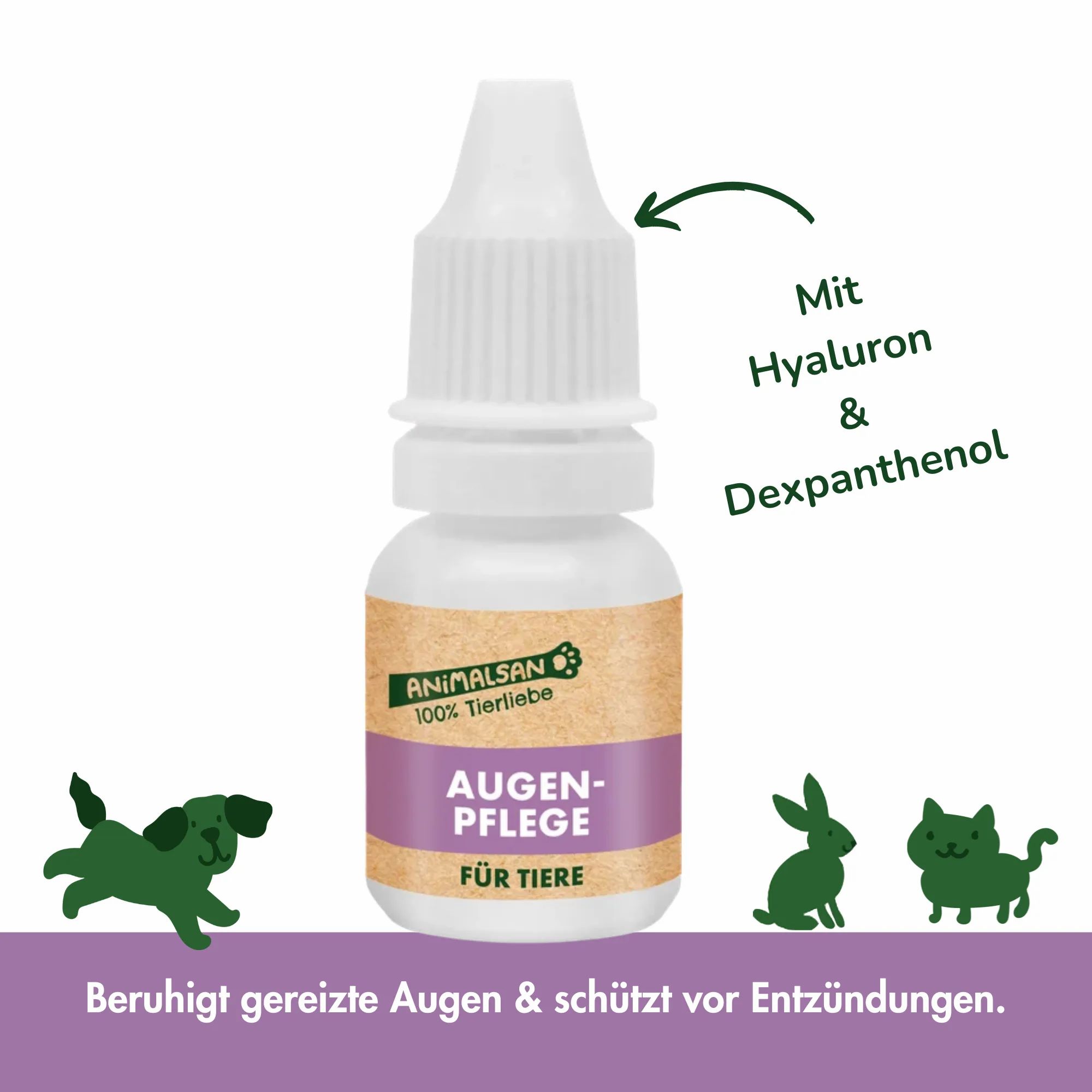ANIMALSAN Augenpflege für Tiere: Flasche mit Hyaluron & Dexpanthenol. Mit Hund, Katze, Hase.