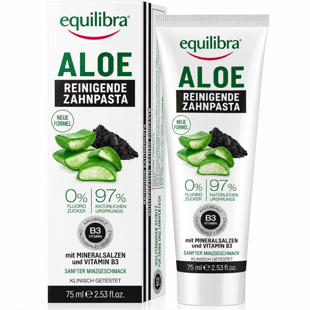 Equilibra Aloe Reinigende Zahnpasta Tube und Karton, 75 ml.