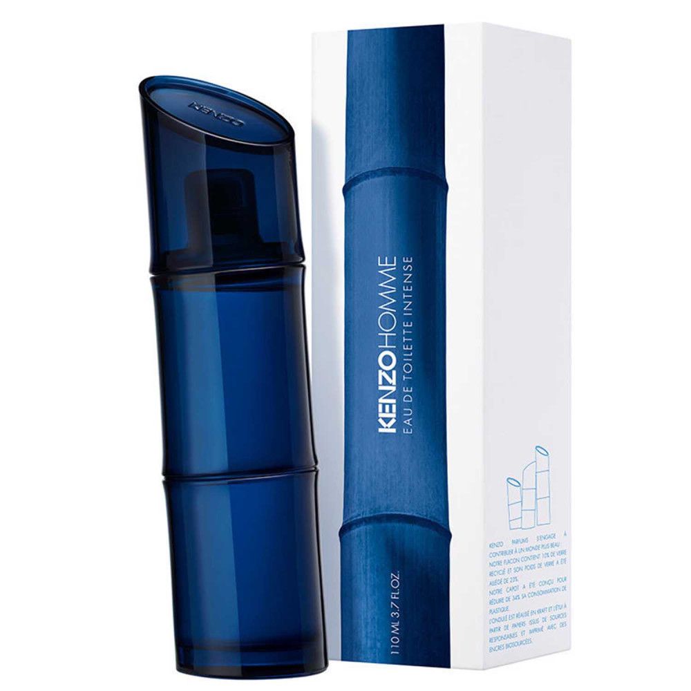 Kenzo Homme Intense Eau de Toilette Flakon und Verpackung. Blauer Flakon, weißer Karton mit blauem Bambusmuster.