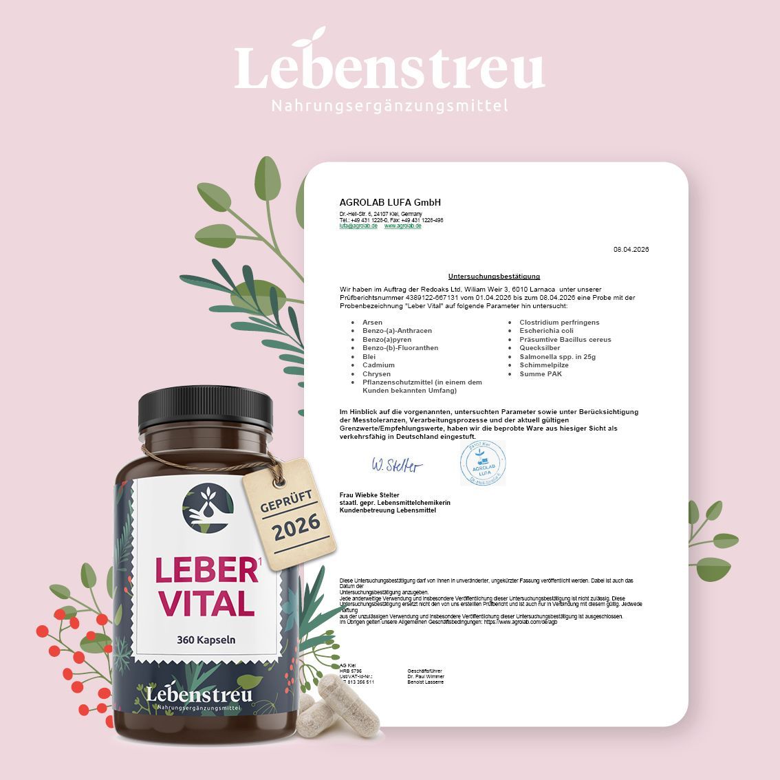 Braune Flasche mit Kapseln. Aufschrift: LEBER VITAL, 360 Kapseln. Zertifikat 'Geprüft 2026'. Dokument mit Inhaltsstoffen und Zertifizierung.