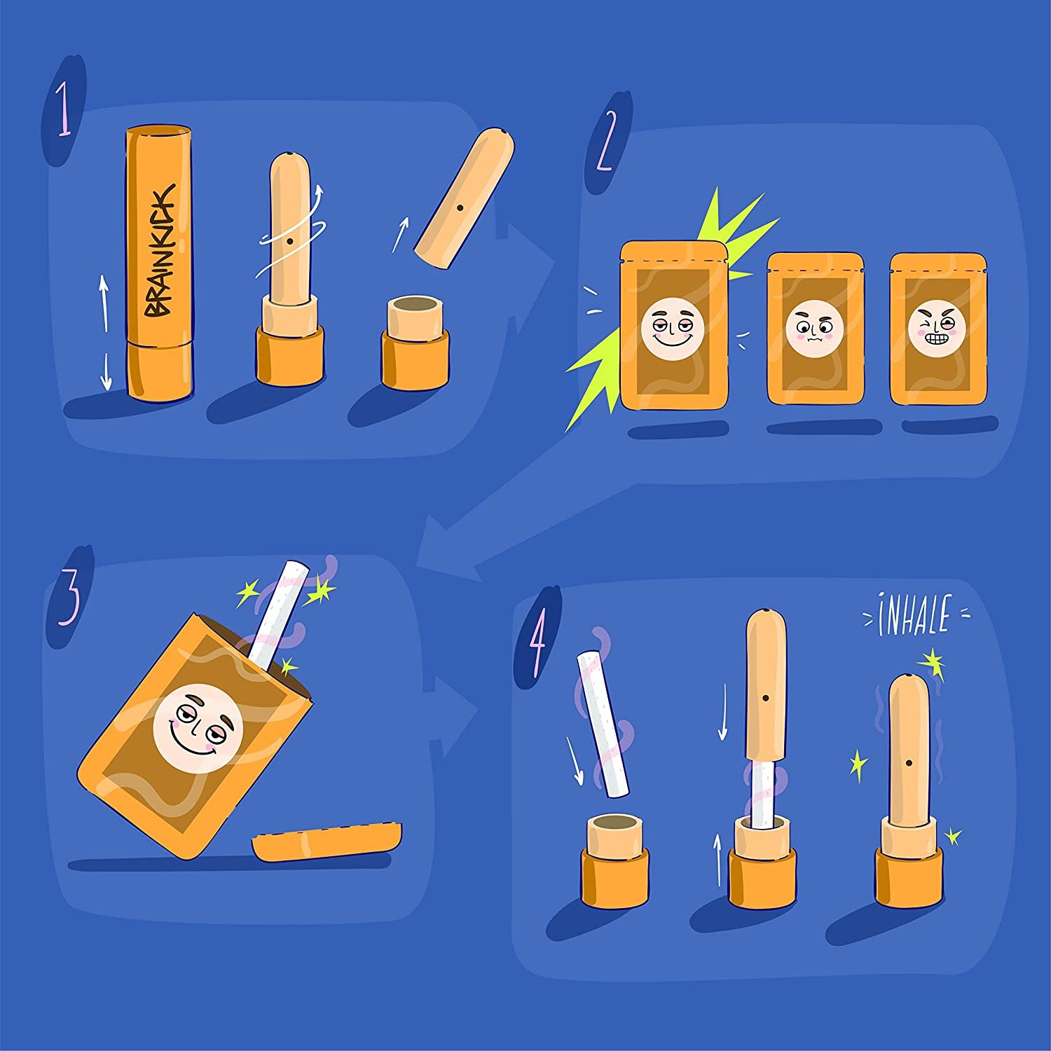 Illustration: Schritte zur Verwendung eines Inhalierstifts. Einzelne Stiftkomponenten, Verpackung, Inhalation.