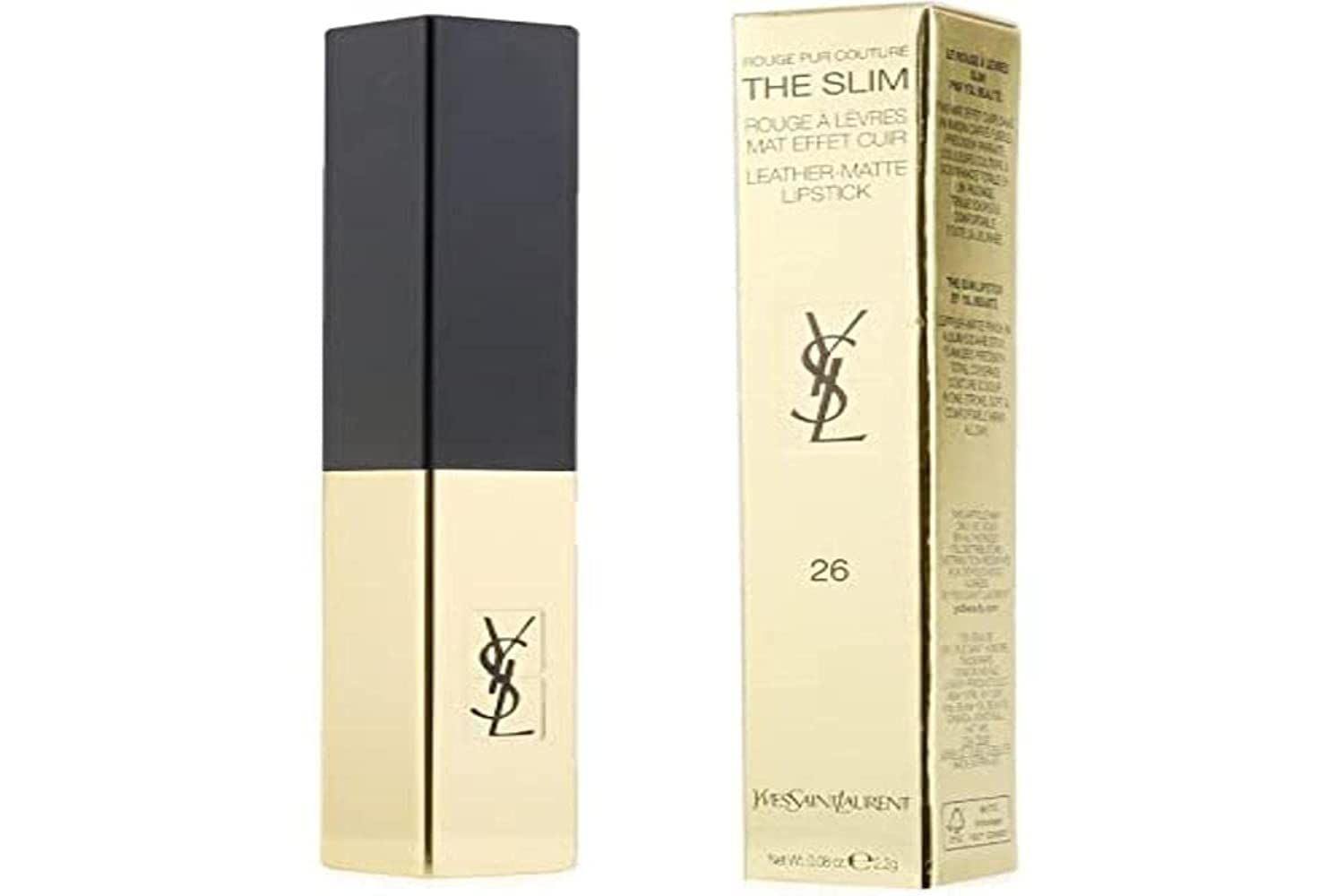 YSL ROUGE PUR COUTURE THE SLIM 26 Lippenstift in Gold und Schwarz mit Verpackung.