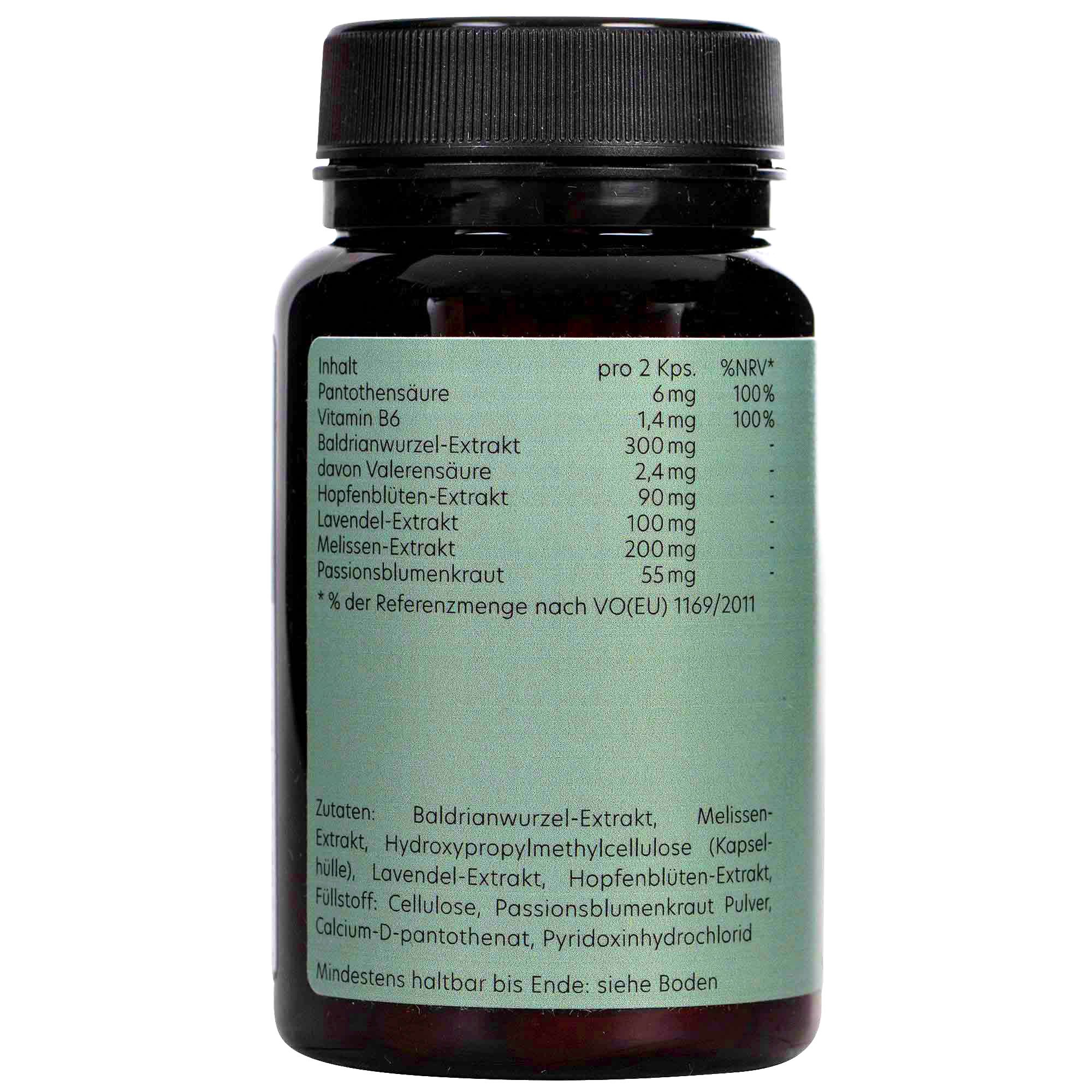 Braune Flasche mit grüner Beschriftung. Zutatenliste und Nährwertangaben sind aufgedruckt. Enthält Baldrianwurzel-Extrakt.