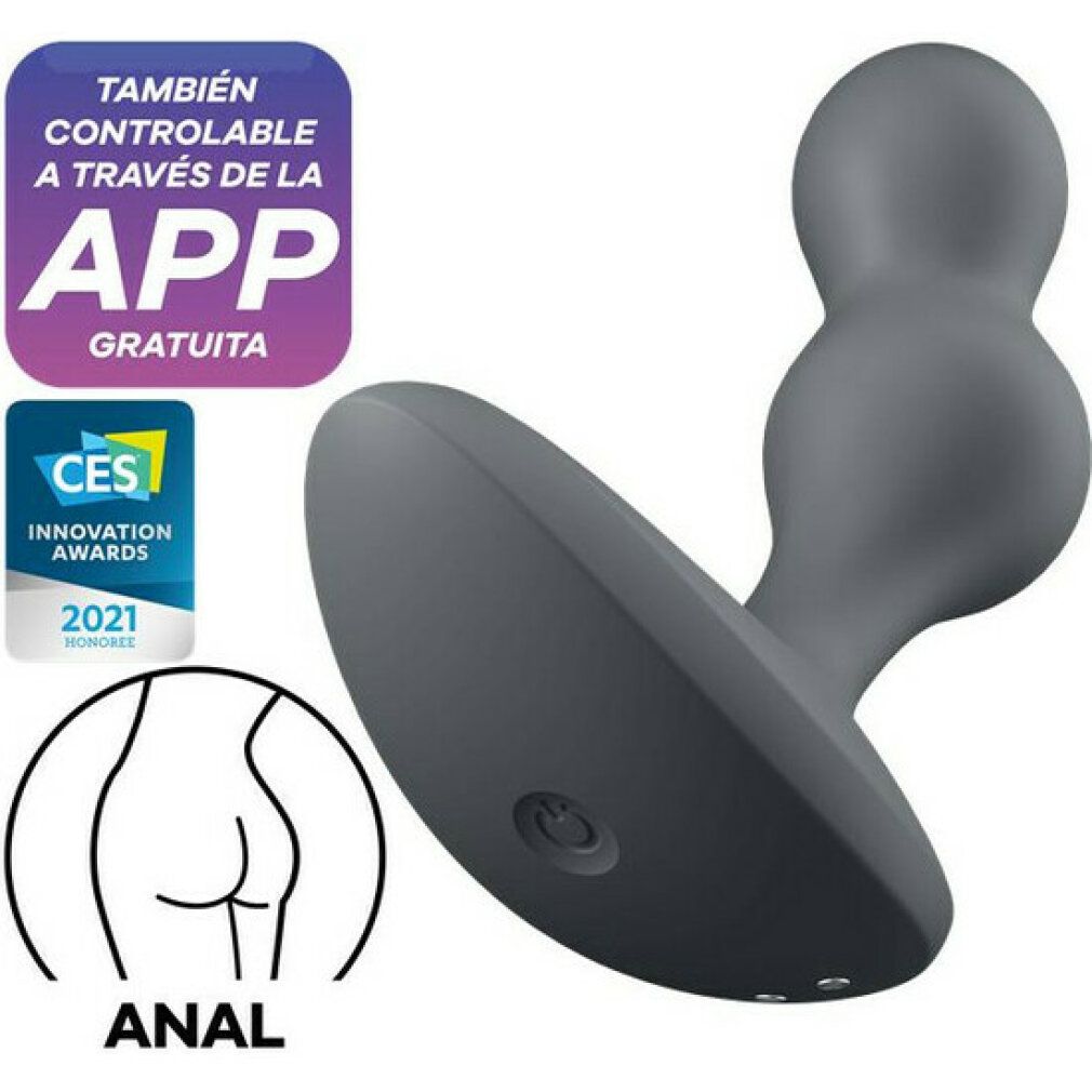 Graues Wellness-Produkt mit abgerundeter Form und drei erhabenen Elementen. CES Innovation Awards 2021. App-Steuerung. Anal-Symbol.
