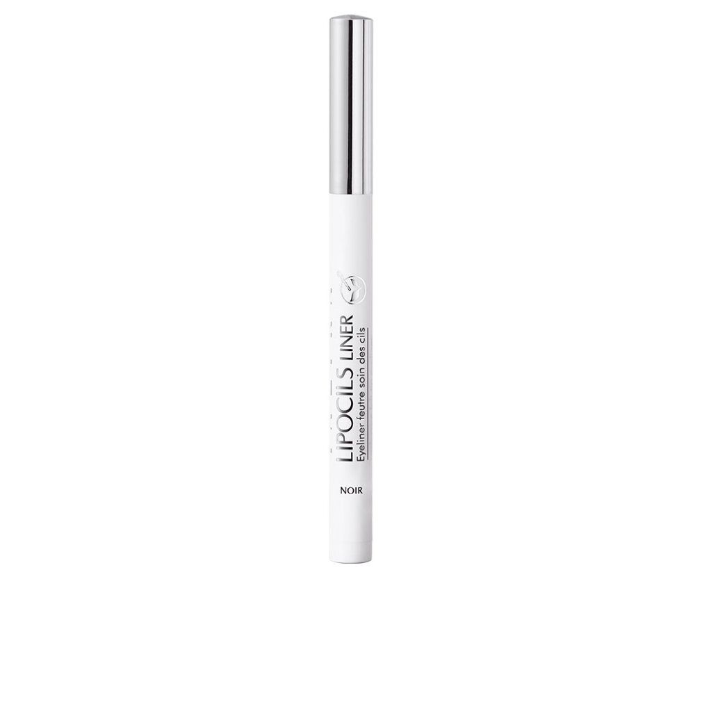 Schwarzer Eyeliner mit feiner Spitze. Weißer Stift mit silberner Kappe. Aufschrift: LIPOCILS LINER, NOIR.