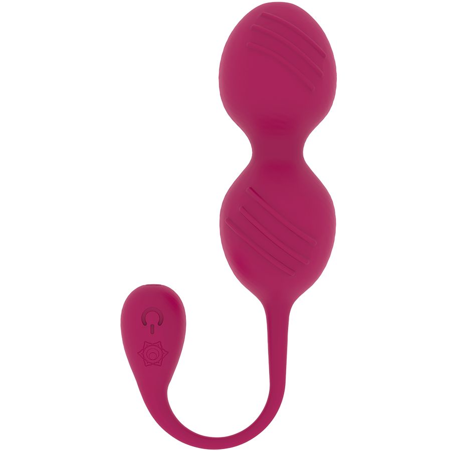 Vaginalkugeln in Pink. Zwei Kugeln mit Rillen, verbunden durch einen Stiel. Am Ende ein Bedienfeld mit Symbolen.