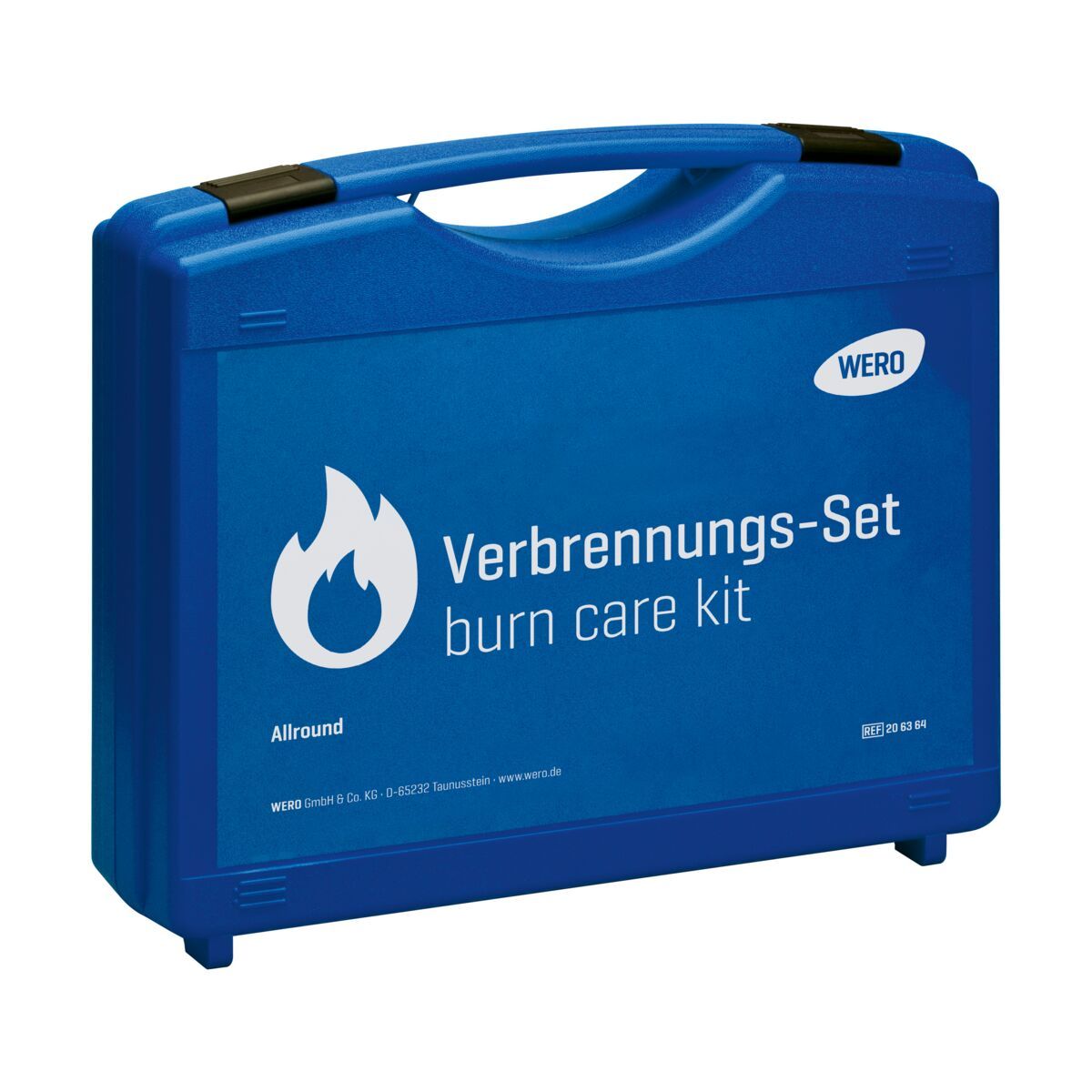 Blauer Koffer mit Griff und Aufdruck. Aufschrift: WERO Verbrennungs-Set Allround, Flammen-Symbol. Herstellerlogo.