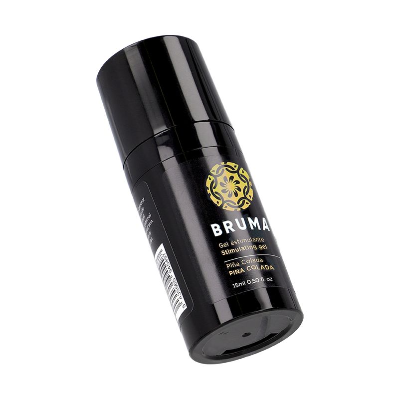 Schwarze Flasche mit Aufschrift BRUMA. Gel mit Pina Colada-Geschmack. 15 ml Format.