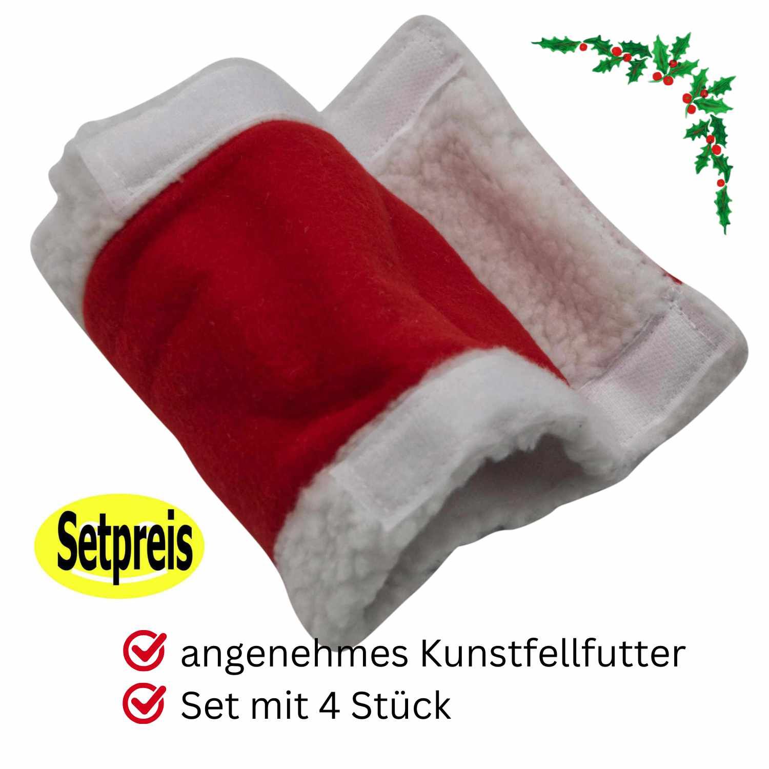 Zwei rot-weiße Bandagen. Rote Mitte, weiße Kunstfellkante. Text: 'angenehmes Kunstfellfutter' und 'Set mit 4 Stück'.