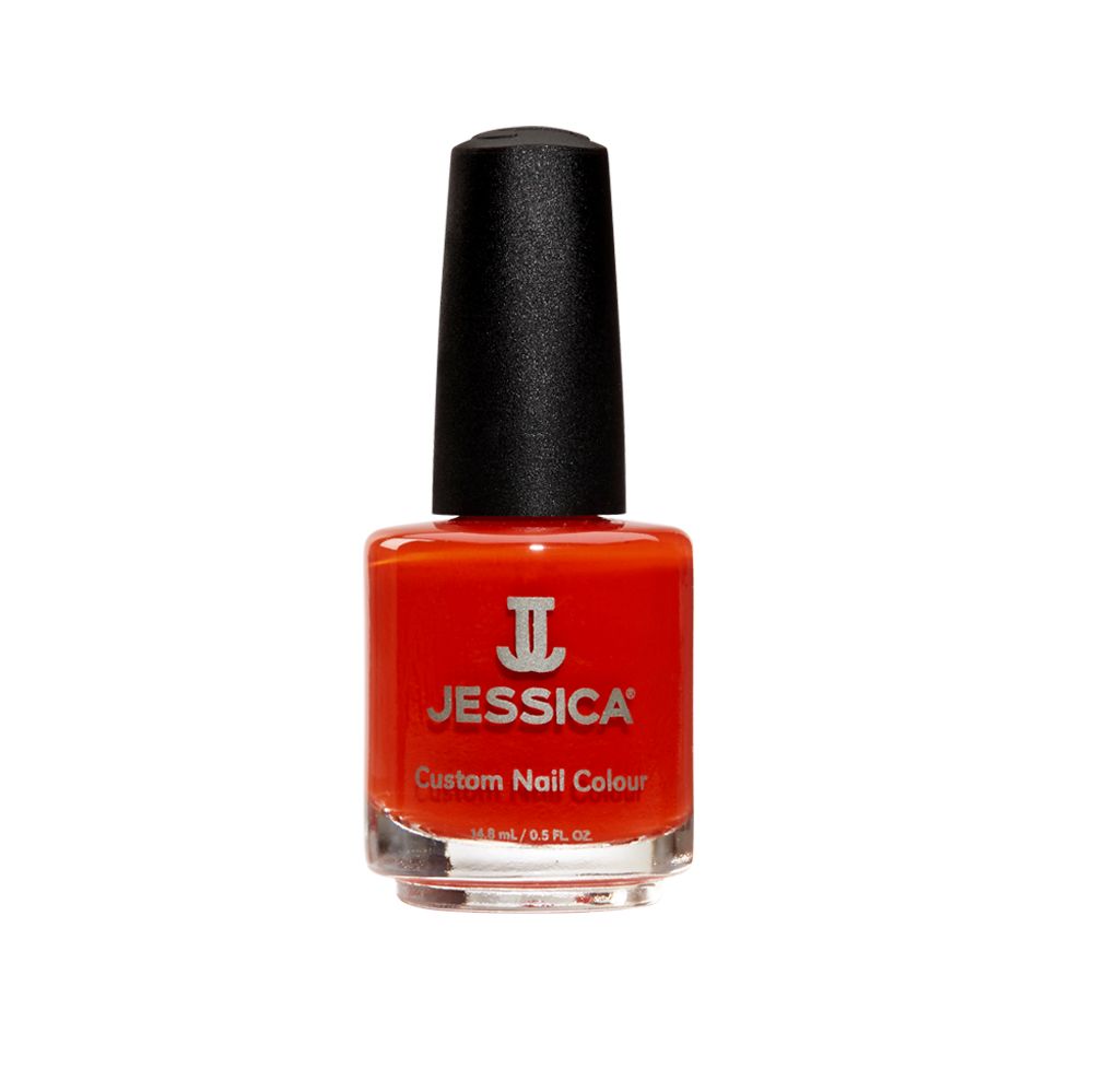Oranger Nagellackflakon mit schwarzem Deckel. Aufschrift: JESSICA Custom Nail Colour.