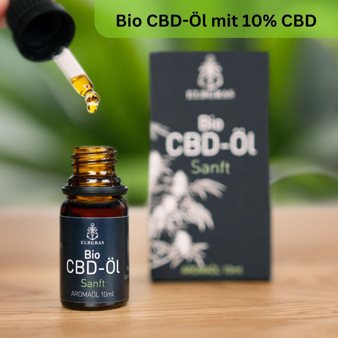 Elbgras Bio CBD Öl Sanft 10ml Flasche mit Pipette und Faltschachtel, Hintergrund Pflanzen.