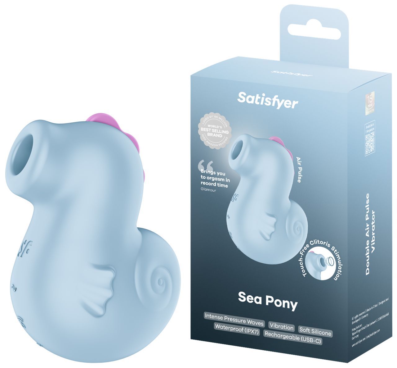 Hellblauer Vibrator in Seepferdchenform mit rosa Akzenten. Neben der Verpackung mit Produktinformationen.