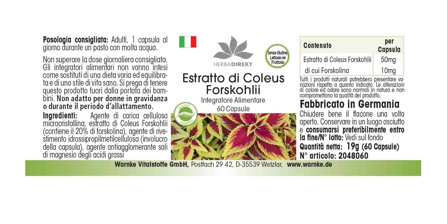 Etikett mit Text: Estratto di Coleus Forskohlii, 60 Kapseln. Herba Direkt Logo. Ohne Gluten, Laktose und Fructose.