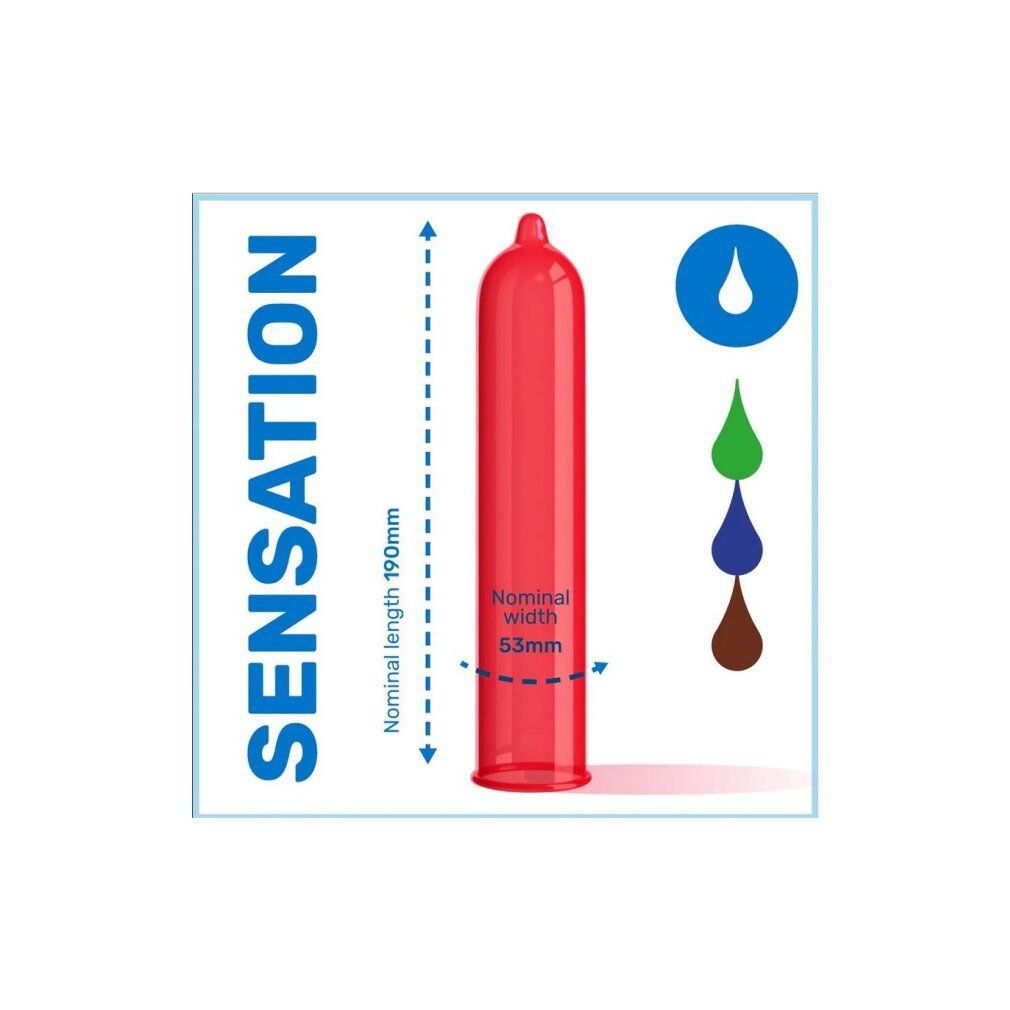 Roter Kondom, 190mm lang, 53mm breit. Farbige Tropfen-Icons. Sensation-Schriftzug.