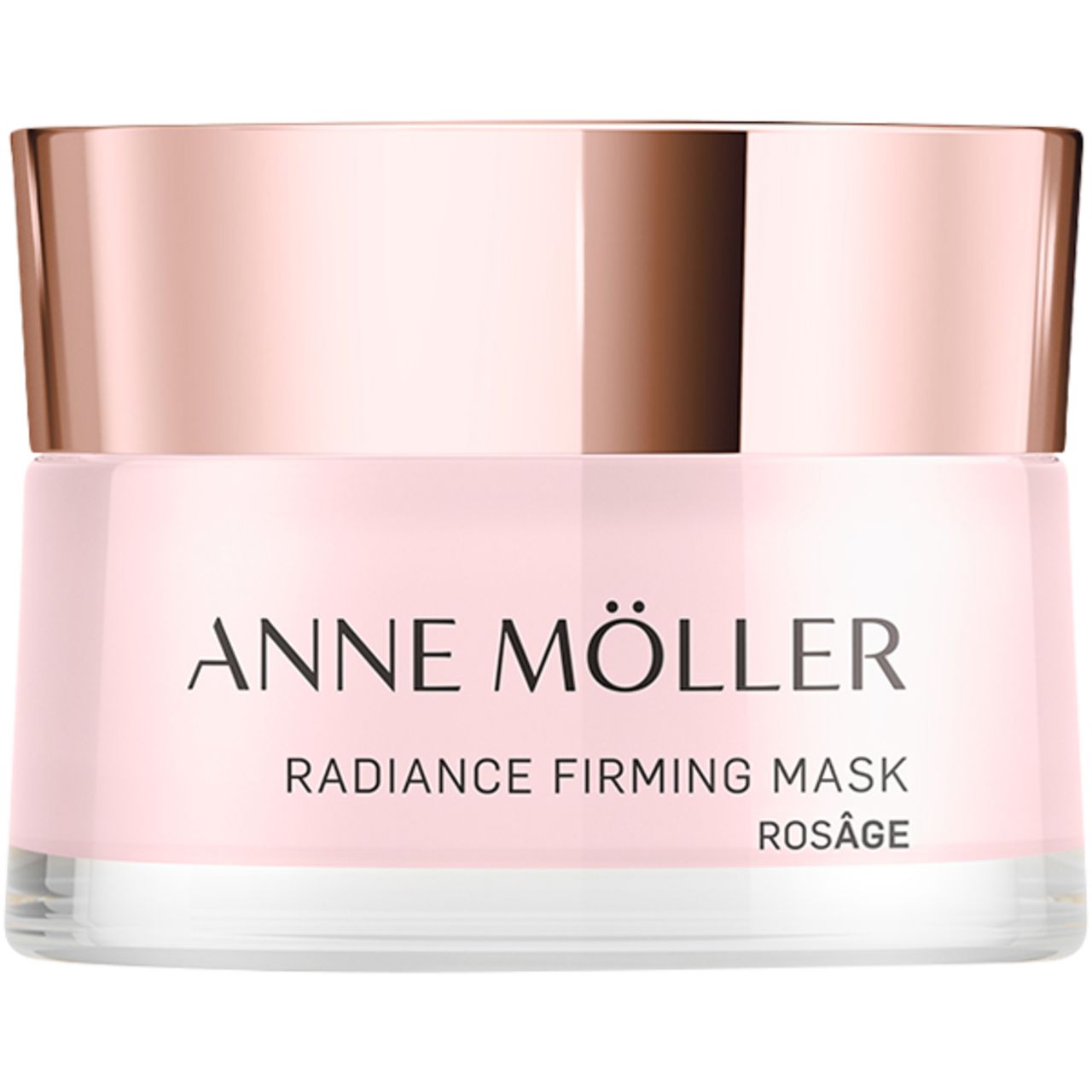 Glasbehälter mit rosafarbener Creme. Deckel in Roségold. Aufschrift: ANNE MÖLLER, Radiance Firming Mask, Rosâge.
