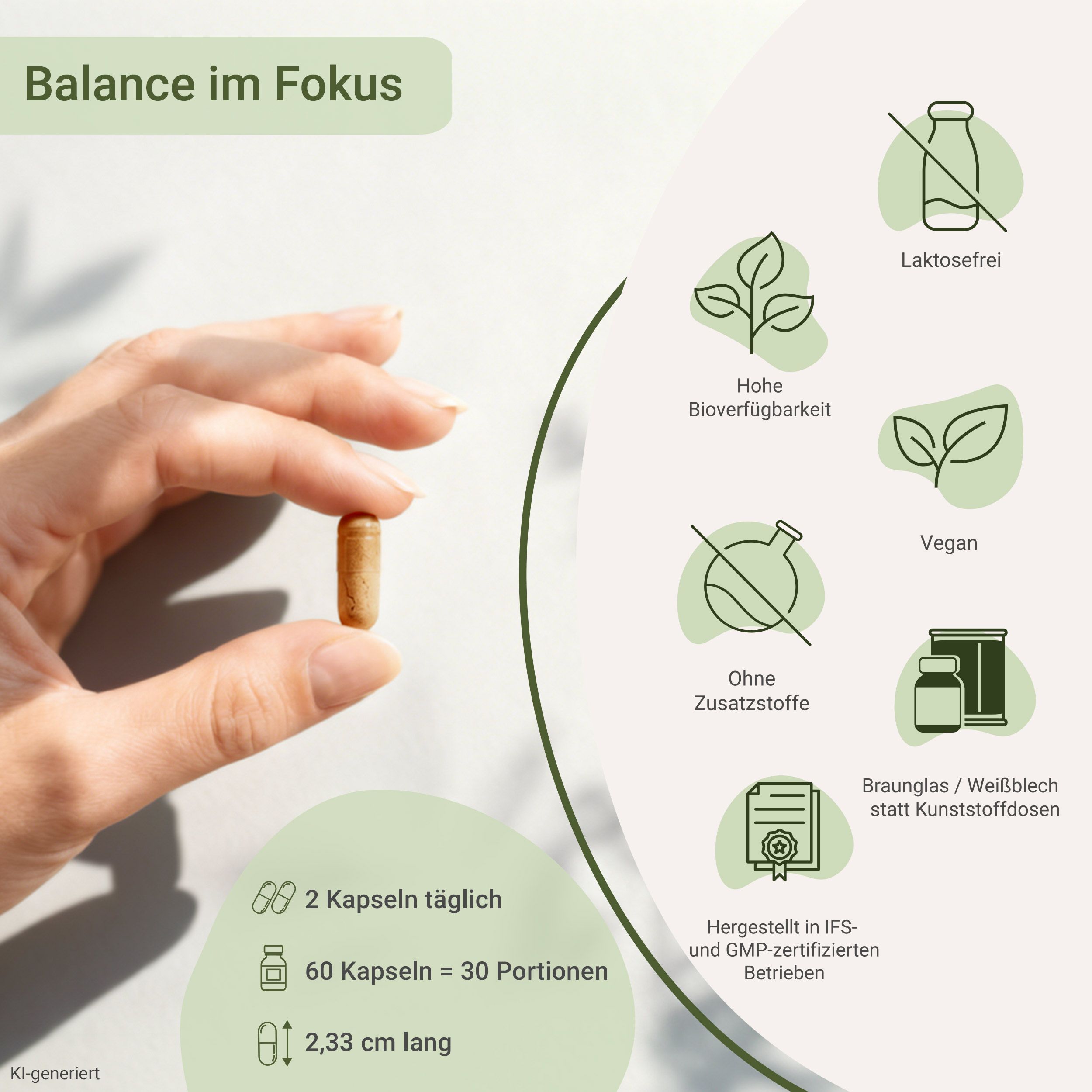 Hand hält eine einzelne Aqua Phyto Balance Kapsel. Informationen zu Dosierung und Länge.