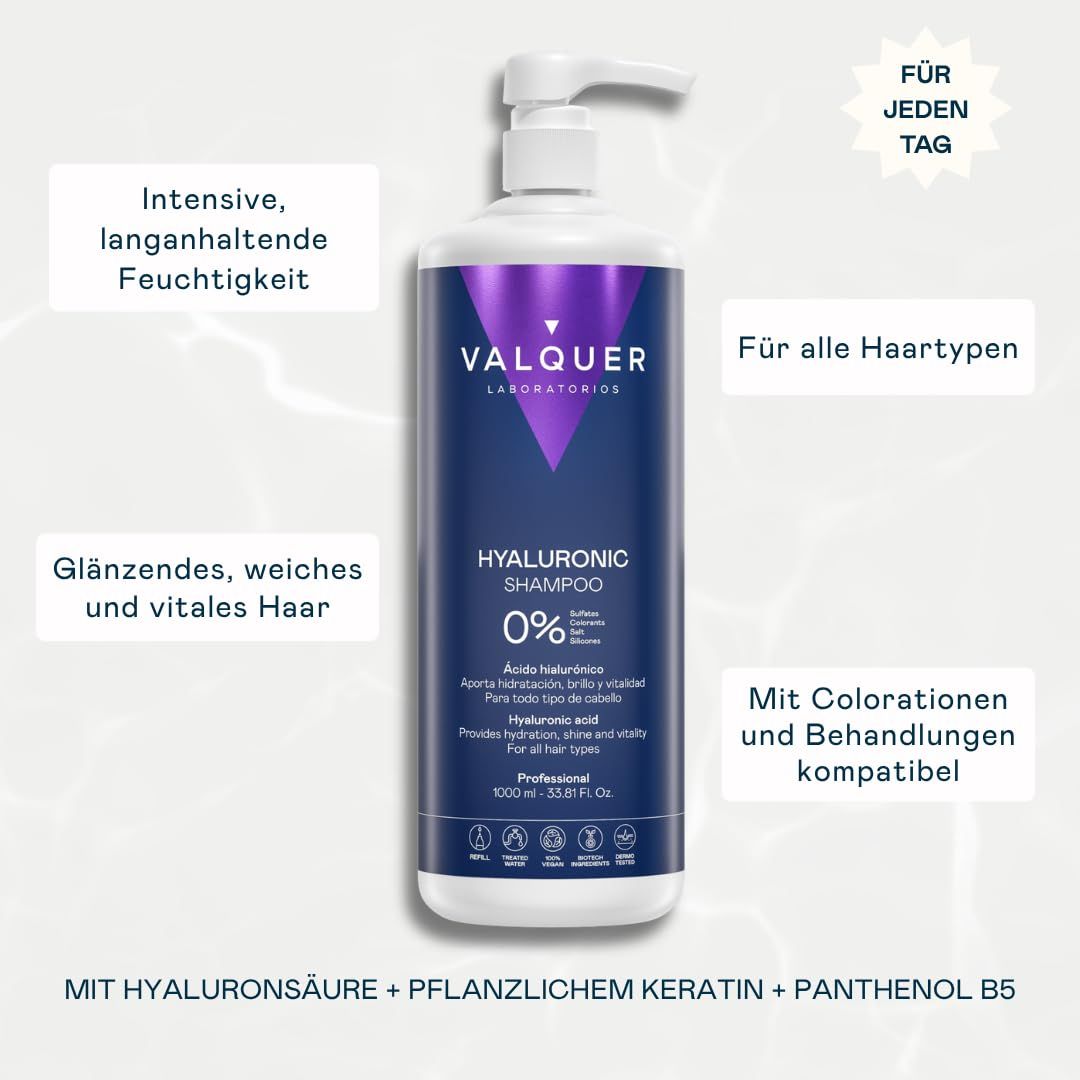 Valquer Hyaluronic Shampoo 1000ml Flasche mit Pumpspender, für alle Haartypen.
